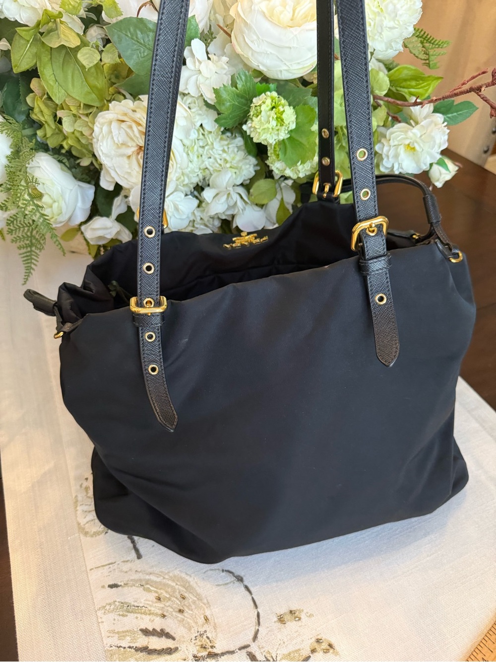 Black Nylon Tote with Gold Hardware - Leather Strap Shoulder Bag - Picture 5 of 8